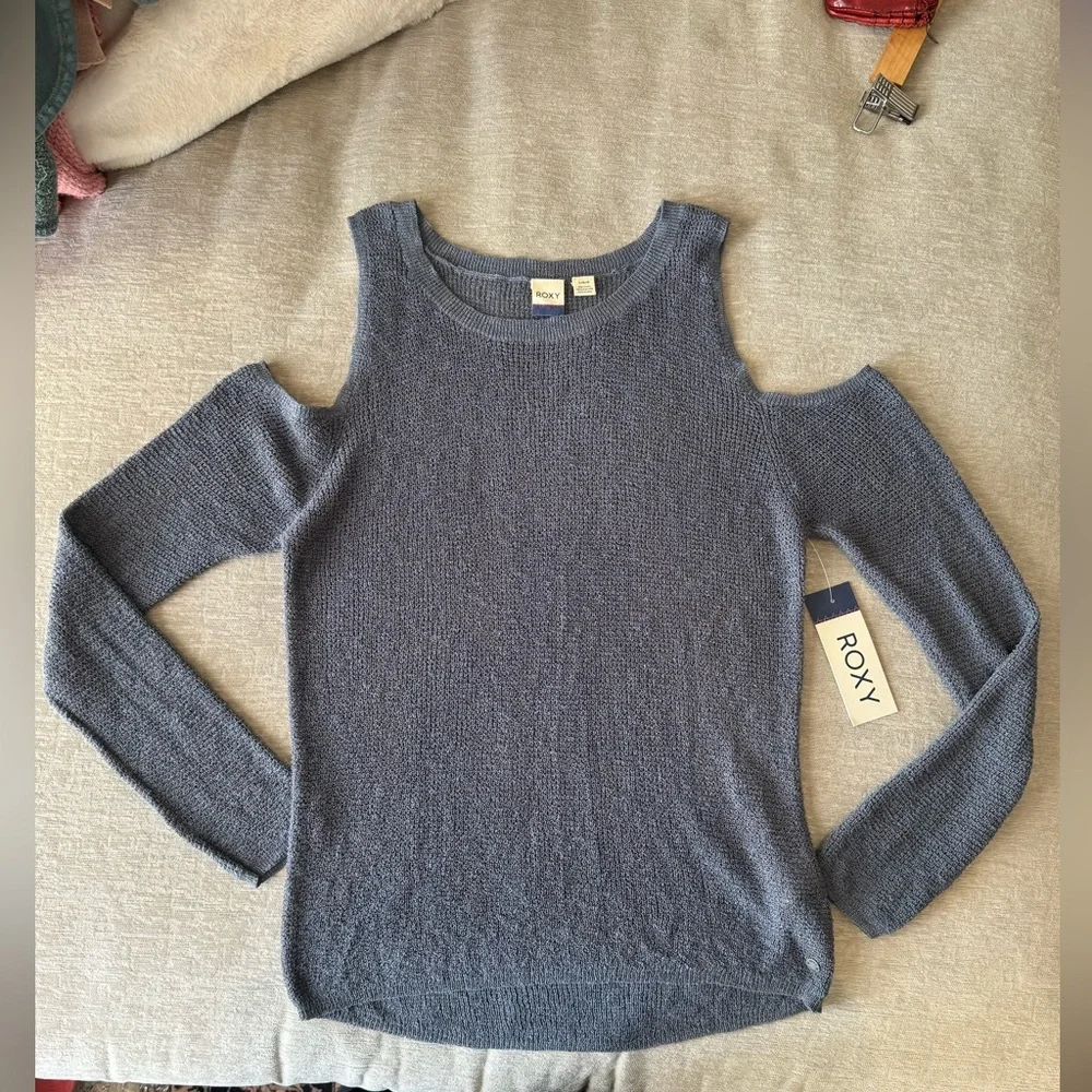 Roxy Cold Shoulder Sweater Top Blue Knit Long Sleeve Size L